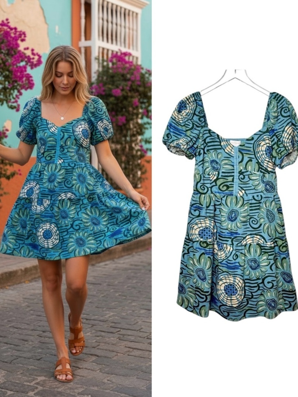 House of Harlow Blue Cap Sleeve Corset Top Princess Linen Puff Summer Dress Sz M